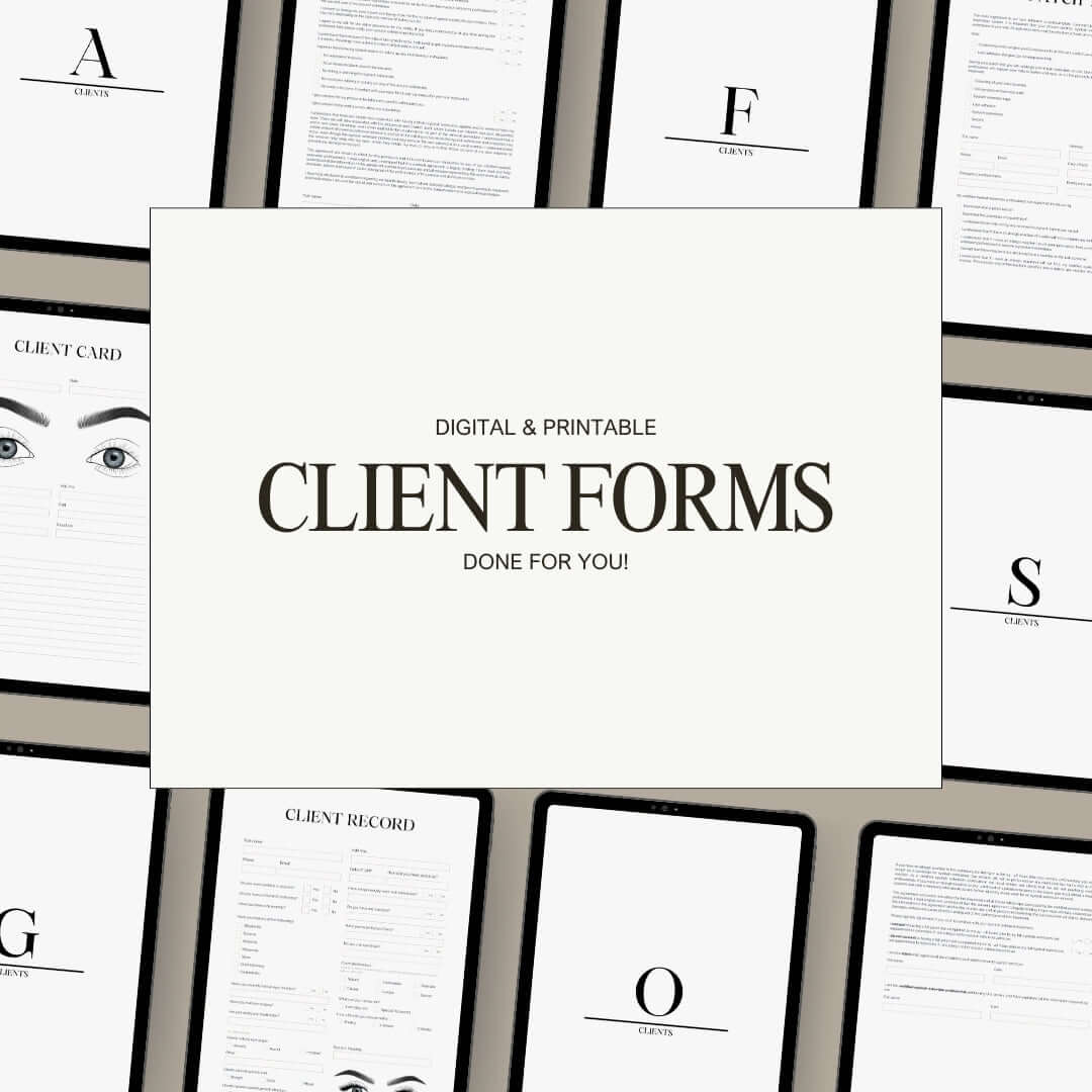 Inside the Digital Client Forms showing editable templates for beauty business consultations and record keeping.