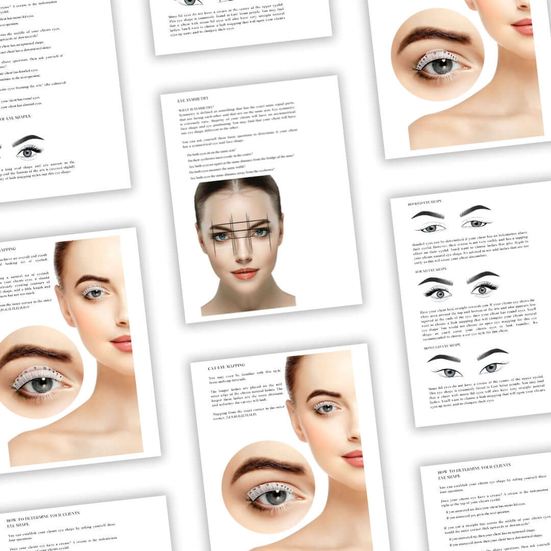 Inside the Lash Map Training showing guides and diagrams for lash design and styling techniques.