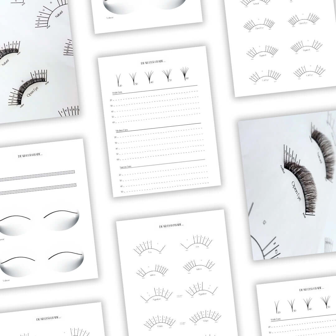 Inside the Direction and Mapping Practice Sheets showing templates for lash artists to refine their techniques.