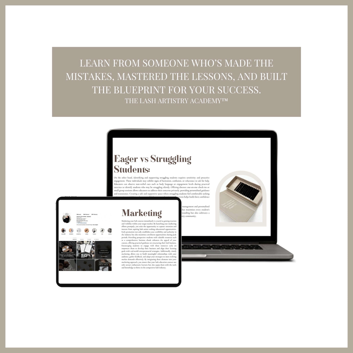 Inside the Lash Educator Online Course showing lessons, tools, and templates for professional lash educators.