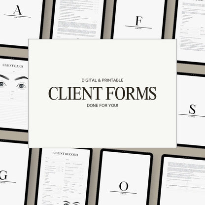 Inside the Digital Client Forms showing editable templates for beauty business consultations and record keeping.