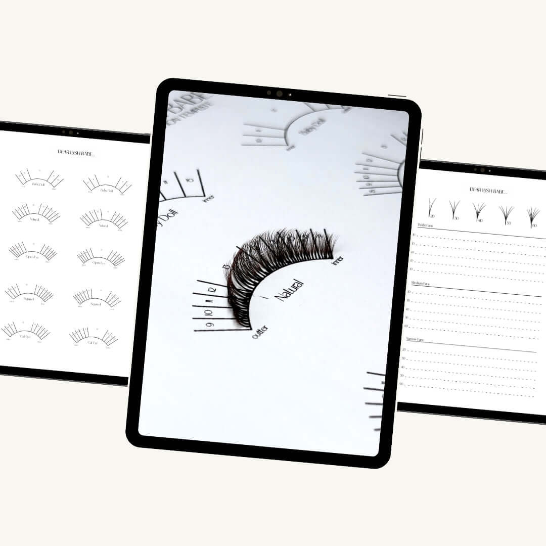 Direction and Mapping Practice Sheets helping beauty professionals practice eye shape mapping and lash direction control.